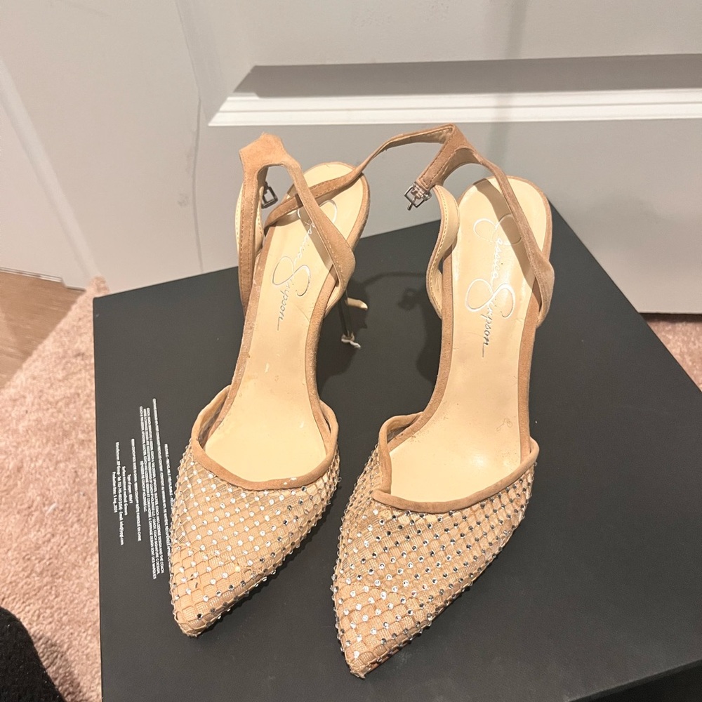 Elegant Tan Heels with Rhinestone Detailing